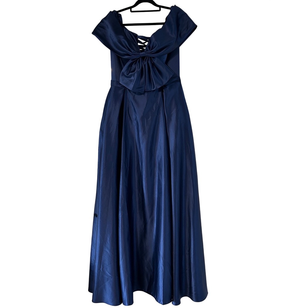 Navy Blue Satin Off Shoulder Corset Back Prom Gown with Bow Detail Size 8